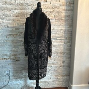 Chico’s sweater duster w/removable faux fur collar Lurex jacquard placed pattern